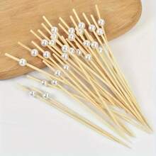10/20/30/50/100/200pcs Elegant White Pearl Fruit Picks - 4.7 Inch Bamboo Toothpicks, Suitable For Appetizers And Beverages, Perfect For Parties And Weddings
