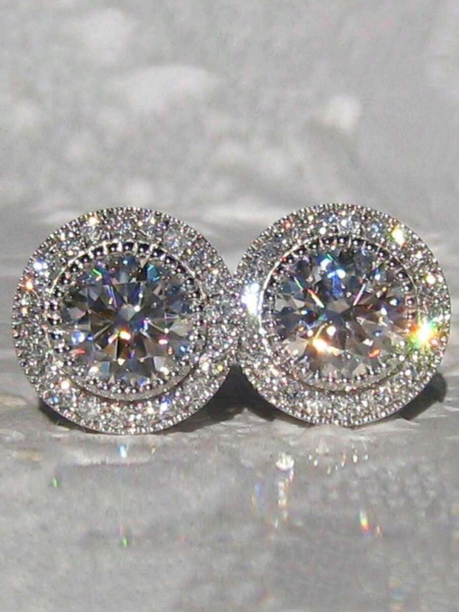 Cubic Zirconia Decor Stud Earrings - Silver - View 1