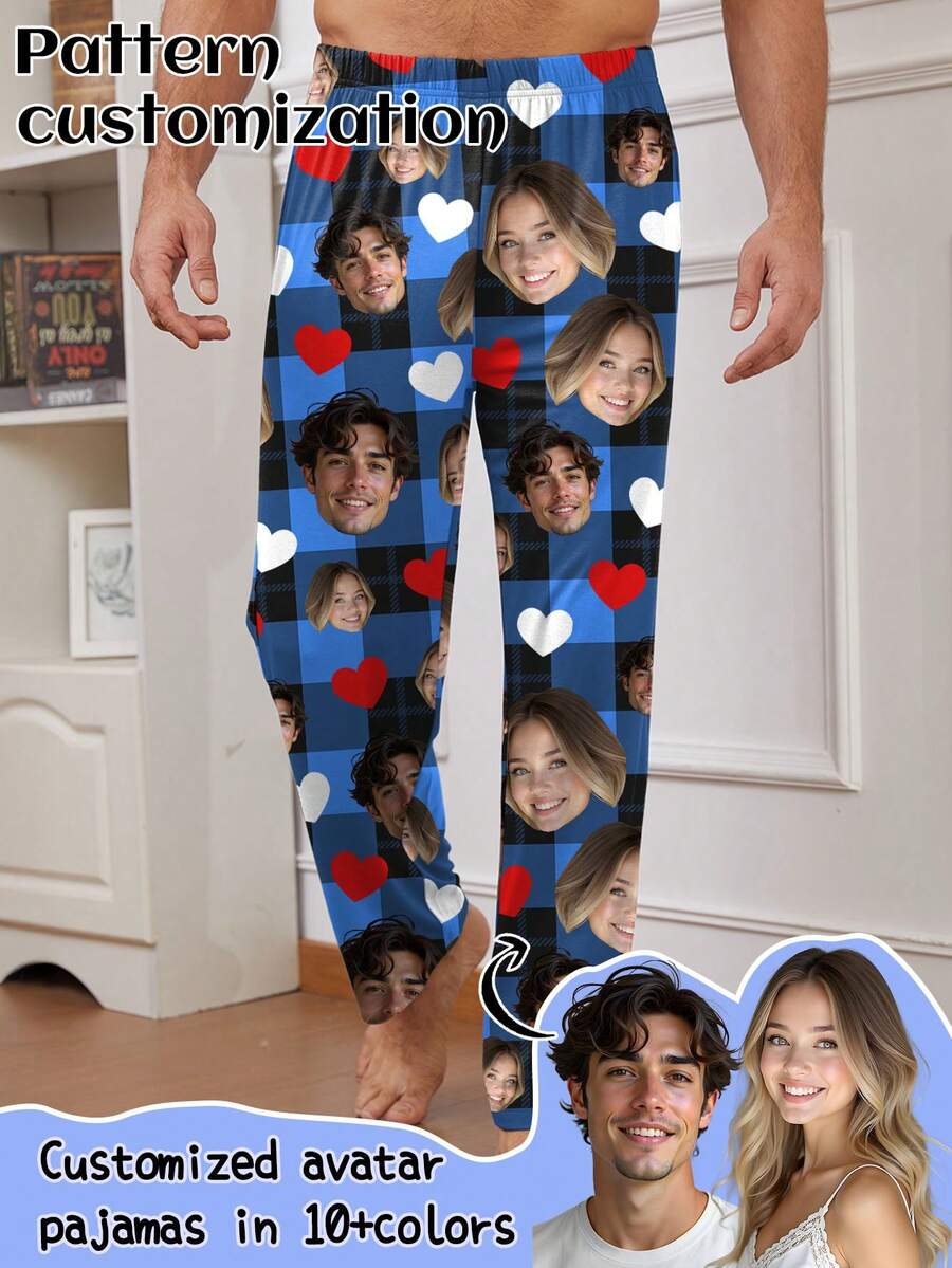 Printstory Customized Men's Pajama Pants, Unique & New Caricature Design, Face Replacement For Couples, Festive Style,Colorful,Cute,Adorable,Contracted,Funny,Custom,Unique,Customized,Personalized,Ideal Gifts For Him,Ideal Gifts For Her,Boyfriend,Girlfriend,Family,Friends,Her, Fall, Winter,New Year's Eve Outfit