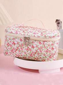 1 件可折叠花卉手提包，花卉图案拉链顶部手柄化妆包，化妆品收纳盒，化妆品收纳包，适合宿舍、女孩、妈妈、学校、旅行、度假、冬季返校