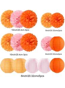 15 buc. hârtie decorativă pentru petrecere la modă roz-portocaliu - felinare cu flori, serpentine din hârtie absorbantă cu pom-pom, potrivite pentru nunți de toamnă, petreceri burlăcițe, aniversări boeme, decor agățat pentru petreceri la apus