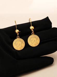 1pair Reconstructed Human Head Coin Earrings Golden Round-Shaped Earrings Suitable For Ladies' Daily Wear - Yellow Gold - View 2
