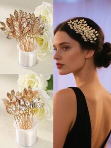 12pcs Bride Hair Accessories Vintage Gold Leaf Hair Pins Bridesmaid Headpiece For Wedding Hair Pins Bride And Bridesmaid Hairstyle Accessories ﻿ - Gold - View 2