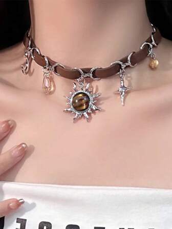 2pcs Milky Way & Moon Pendant Leather Patchwork Choker Necklace, Fashionable European & American Style, Versatile & Sweet Elegant