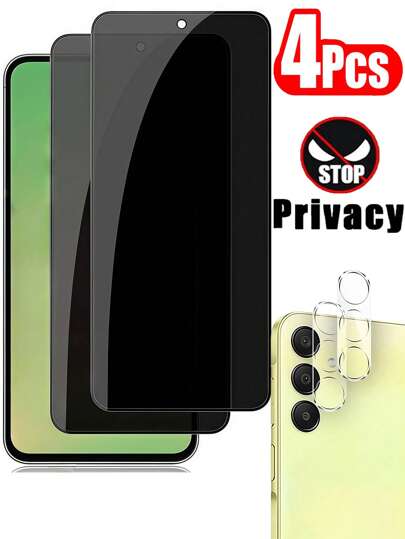 Película de vidro temperado 4 em 1 2 antiespionagem emparelhada com 2 películas de vidro de lente 3D integradas compatíveis com Galaxy A56 A36 A55 A26 A16 A06 A35 A06 A05 A13 A14 A33 A54 5G 4G/Redmi Note 13 Pro 14 Dureza 9H à prova de explosão resistente a arranhões antiespionagem privacidade proteção de tela de telefone película de proteção de lente