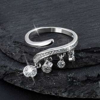 925 Silver Fashion Tassel Cubic Zirconia Pendant Ring, Exquisite Personalized Jewelry Design