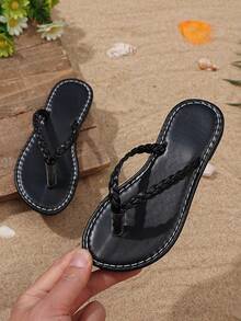 1 双幼儿黑色编织平底凉鞋，柔软 PU 材质，简约设计，防滑 TPR 外底，圆头，一脚蹬，适合女婴/男婴，日常休闲、海滩、度假、聚会，2025 年新品 - 黑色 - 查看 5