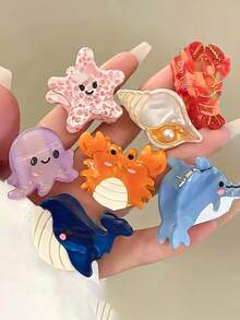 发夹 8 件彩色海洋小动物夹女士夏季海洋配饰贝壳刘海海豚侧夹章鱼螃蟹发夹海星发饰套装礼物发饰优雅爪夹，学校用品，大学