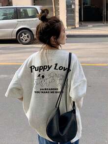 夏季新款休闲宽松英伦小狗印花短袖女式T恤上衣 - 淺花灰 - 查看 3