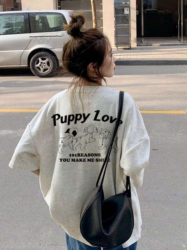 Summer New Casual Loose English Puppy Print Short Sleeve Women T-Shirt Top