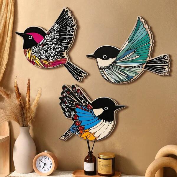 1/3 قطع من تحف الطيور الجميلة الخشبية للحائط، لافتة خشبية ديكور داخلي، لافتة معلقة بأشكال طيور حاملة للحائط، ديكور حائط للحديقة وغرفة المعيشة