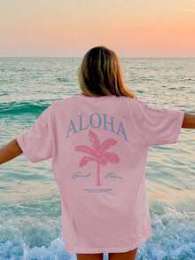 女士春夏新款棕榈树标语印花休闲圆领短袖T恤，时尚度假风，日常必备单品。女士度假图案T恤 - 粉色 - 查看 8