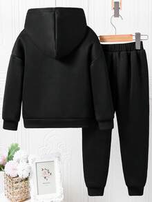 Tween Girls' Cartoon Print Thermal Hoodie And Sweatpants Set - Black - View 2