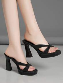 Summer New Women High Heel Sandals, Platform Chunky Heel, Metal Decor Transparent Mule - Black - View 3
