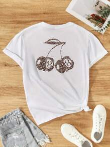 Primavera y verano con estampado de leopardo rojo cereza fuego explosivo cuello redondo camiseta de las mujeres