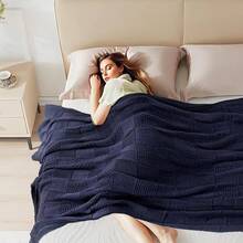 Knit Throw Blanket,Classical Checkered Blanket For Couch,Cozy Warm Knitted Throw Blanket For Bed Sofa Living Room, Decorative Stretched Throw, Lightweigh,50"X 60"Oatmeal - Navy Blue - 查看 3