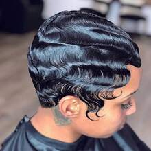 Chic Finger Wave Pixie Cut Wig With Bangs For Women - 180% Density 4inch Brazilian Remy Human Hair, Ocean Wave Style, Short Mommy Hair, Perfect For Daily Wear And Parties - Natural Black - View 3