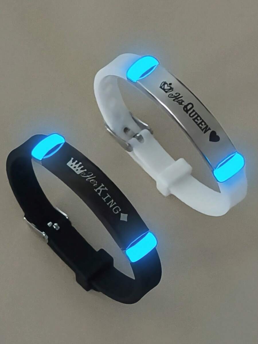 ATLVXJL 2 件/套夜光情侣/友谊皇冠不锈钢和硅胶手链套装，她的国王和他的王后，休闲情侣首饰适合日常佩戴和情人节礼物 - 彩色 - 查看 1