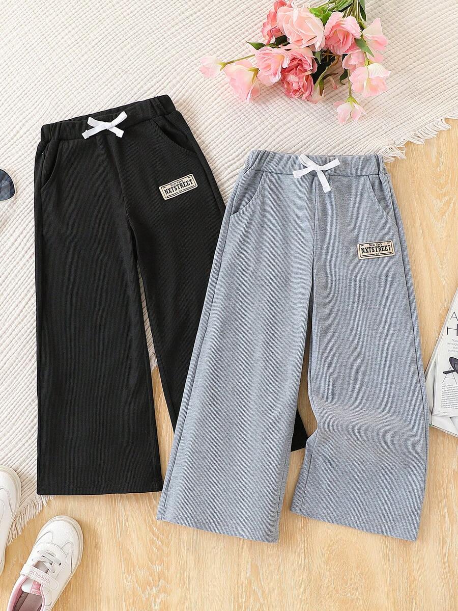 Set de 2 pantalones rectos estriados de estilo casual para niña joven, cómodos y versátiles para uso diario y al aire libre, apropiados para primavera y verano - Multicolor - Ver 1