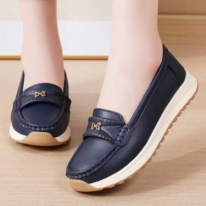 أحذية أمهات متوسطة العمر من جلد البولي يوريثان للنساء، للربيع والخريف، ذات نعل سميك مزخرف، مقاسات كبيرة، سهلة الارتداء، ذات قاع ناعم للاستخدام اليومي