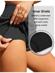 Women'S Athletic Running Shorts, Workout Gym, Elastic Waist Quick Dry Sports Shorts, High Waisted Yoga Workout Shorts With Mesh Liner Zipper Pockets - 黑色 - 查看 3