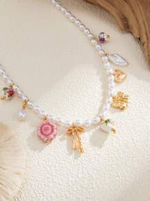 1pc Summer Retro Ceramic Chinese Style Bow, Heart, Asymmetrical Pearl Pendant Necklace, Vacation Style Collar Accessory