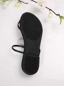 Sandal đế bằng nhiều quai, màu trơn, mũi vuông, chất liệu da PU, dành cho nữ, thời trang và đa năng cho mùa hè, phù hợp cho dạo phố, hẹn hò, du lịch, ở nhà, đi làm, dự tiệc, đi biển. - màu đen - Xem 8