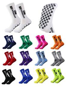 1 paire de chaussettes de sport de football avec lettres pour l'extérieur, chaussettes de sport à fond épais en terry antidérapant, chaussettes d'automne - Multicolore - Voir 2