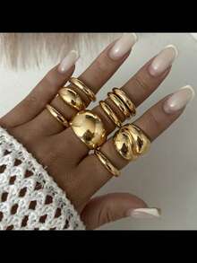 Set de 9 piezas Anillos de espejo extra grandes, anillos de abrazos de aleación personalizados, versátiles para fiestas, regalos y uso diario - Dorado - Ver 1