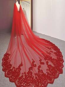 欧式黑色蕾丝长拖尾新娘披肩情人节配饰 - 紅色 - 查看 5