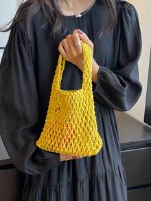 1 pieza Bolsa de malla de poliéster con base de punto de unicolor, ligera, espaciosa, diseño lindo y elegante, adecuada para mujeres, estudiantes, maestros como regalo, uso diario, viajes, todo el año - Amarillo - Ver 9