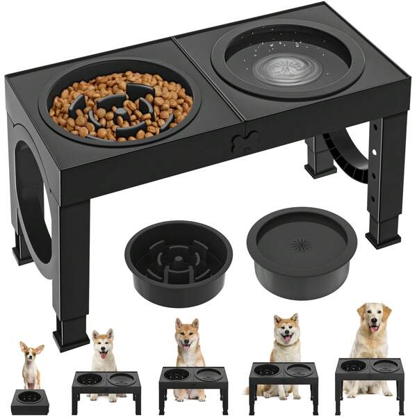 Tazones elevados plegables para perros, con alimentador lento y tazón de agua antiderrame, soporte elevado para tazón de mascotas para perros de tamaño grande, juego de tazones de alimentación y agua para mascotas con 5 alturas ajustables, 9/11/12/14 pulgadas, negro