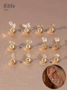 Hihho 2 brincos giratórios hipoalergênicos, de aço inoxidável, com formato de coração, triângulo, losango, crescente, microrosca, zircônia cúbica, joia para piercing corporal, presente adequado para encontros, trabalho, vida diária, uso casual