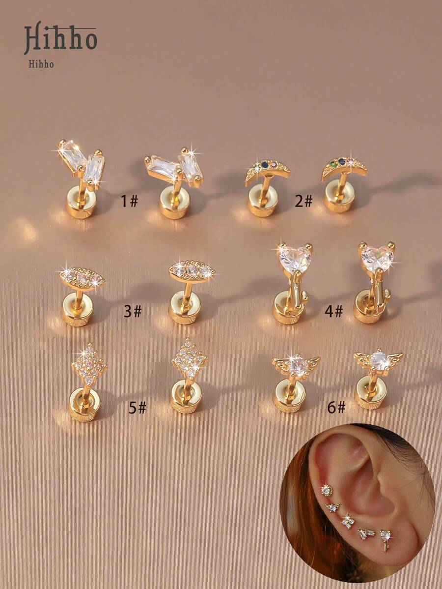 Hihho 2 brincos giratórios hipoalergênicos, de aço inoxidável, com formato de coração, triângulo, losango, crescente, microrosca, zircônia cúbica, joia para piercing corporal, presente adequado para encontros, trabalho, vida diária, uso casual