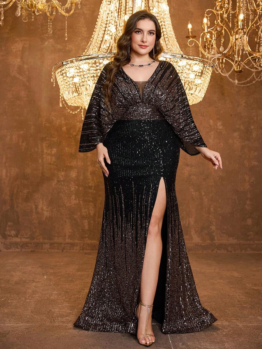 SUPGIR 大码女士 V 领长袖修身高开衩亮片拼接晚礼服 - 黑色 - 查看 1