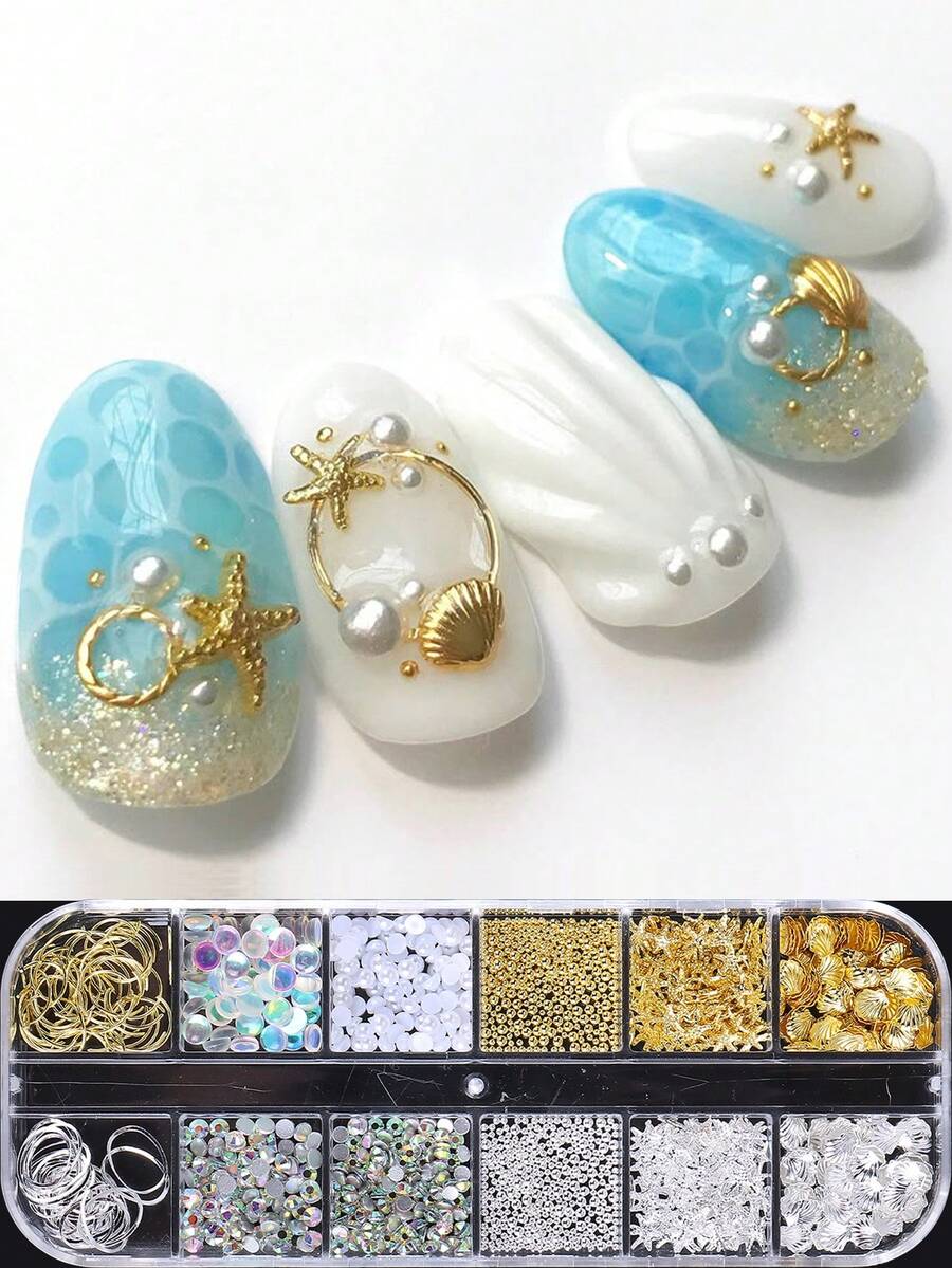 12格混色金銀海洋主題美甲裝飾套組，合金海星、貝殼、金屬片、美人魚、白色平底珍珠、迷你鋼珠、AB水鑽、美甲寶石，沙龍DIY美甲用品美甲飾品 - 彩色 - 查看 1