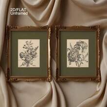 2D/平面，无框，2 件/套鼠尾草绿色墙壁装饰艺术画，复古风格印刷品，深绿色植物帆布海报，花卉素描艺术印刷品，花卉绘画艺术，古董印刷品，房间装饰，客厅装饰艺术，现代家居墙壁装饰艺术，理想的家居礼物创意，适用于客厅书房卧室走廊装饰艺术画