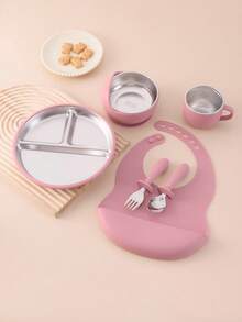 6PCS Print On Demand Silicone Bib Stainless Steel Cup Spoon Fork Sets Self Feeding Training Bowl Plate With Suction Base Tableware Sets, Shower Gift, Led Weaning, Personalized Gift - Multicolor - View 18