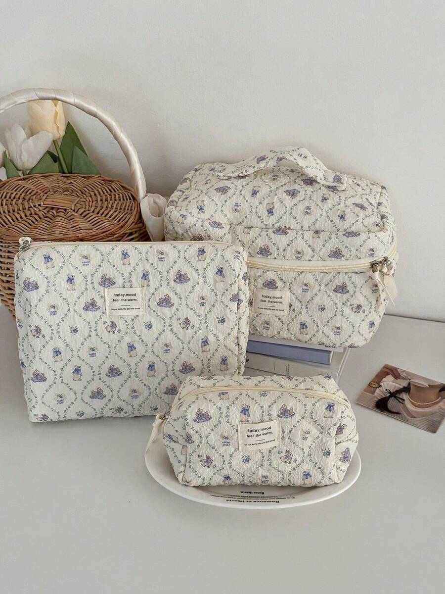 花卉兔子化妆包，布质软包，可爱甜美简约设计，大容量，拉链开合，适合化妆、洗漱用品、工作、日常通勤、居家、旅行，适合女性旅行必需品假期暑假返校学校用品包，适合学校旅行包，适合女性的化妆包，适合旅行用品 - 彩色 - 查看 1