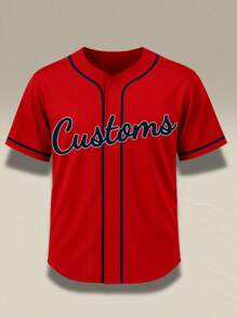 Customizable Men's Baseball Jersey Red V-Neck Embroidered With Name & Number - Loose Fit Button-Up Shirt For Outdoor Sports, Casual Wear, Parties, Sports Team Apparel | Breathable Fabric,Custom Halloween Christmas Holiday Gift - Red - View 3