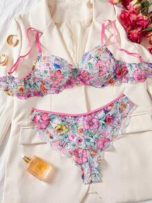 Style Dream 夏季新款女士性感内衣：彩色网纱印花超薄文胸套装，性感钢圈文胸，性感三角内裤，复古女士套装 - 玫紅色 - 查看 3