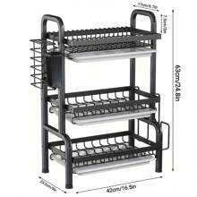1 pieza Estante de almacenamiento de cocina grande de 3 niveles, equipado con sistema de drenaje rápido, soporte para cuchillos y tenedores, soporte para tabla de cortar, secado en la parte superior - Organizador multifuncional de utensilios, adecuado para cuencos, platos, elegante rejilla metálica para platos