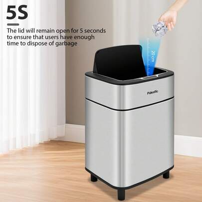 Pukomc Stainless Steel Automatic Sensor Trash Can – 10L/2.6Gal Touchless Kitchen & Bathroom Bin, Motion-Activated Lid, Odor Control, Battery-Powered (Brushed Stainless Steel)