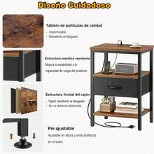 Mesita de Noche con Estación de Carga,Mesita de Noche Vintage para Recámara con 1 Cajones,Mesa de Noche para Recámara con 2 Enchufes y 2 USB,Patas Ajustables,Mesa Auxiliar,Buro para Dormitorio y Sálon - Marrón - Ver 4