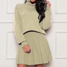 2 Piece Modal Knit Set High Neck Blouse With Skirt - Màu be - Xem 1