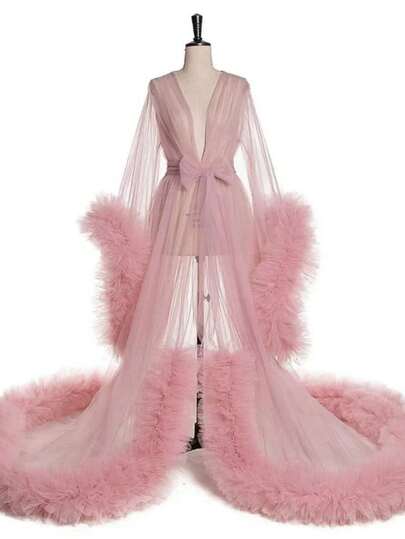 Romantic Pink Bride Robe/Gown, European & American Style, Sheer Sexy Lingerie, Versatile For Bridal Shower, Photoshoot, Stage Performance Fall Clothes For Women