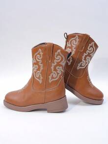 Girls High Boots/Mid Calf Boots With Embroidery, Block Heel, Color Splicing, Side Zipper, For Girls, Suitable For Autumn/Winter - Brown - View 4