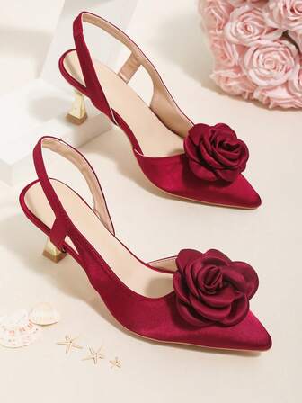 2025 Vår Satin Spetsig Tå Rose Blomma Högklackade Sandaler För Dam, Vinröda Eleganta Rygglösa Slip On Bröllopsskor