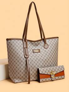2pcs/Set Large Capacity Tote Bag & Wallet, Fashionable Shoulder Bag For Middle-Aged Women, Autumn/Winter - Grey - View 1