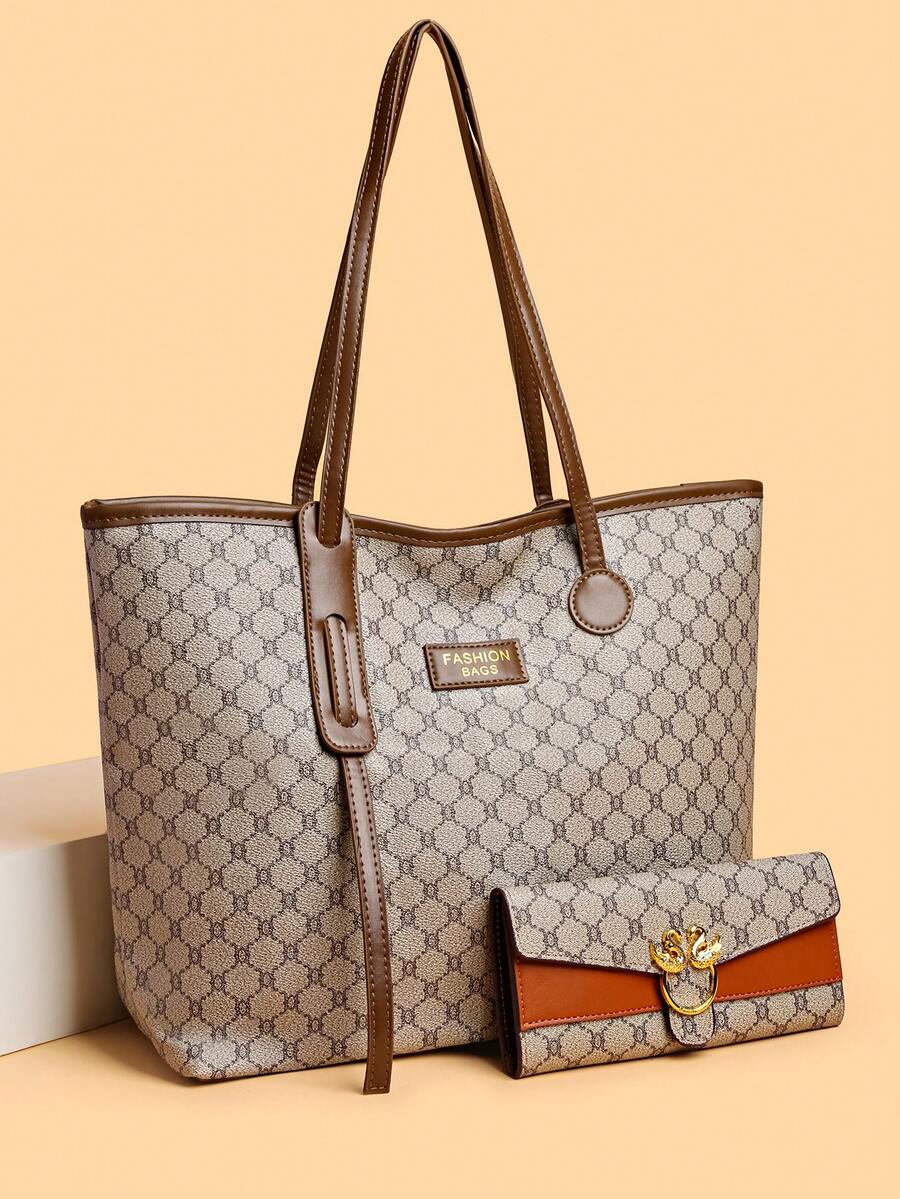 2pcs/Set Large Capacity Tote Bag & Wallet, Fashionable Shoulder Bag For Middle-Aged Women, Autumn/Winter - Grey - View 1